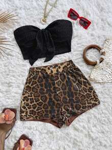 Conjunto informal de 2 piezas de top tubo corto anudado de unicolor y shorts con estampado floral para vacaciones de mujer - Multicolor 2 - Ver 3