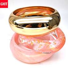 GNIT 3 buah Gelang Lebar Resin Gaya Y2K Warna Emas untuk Wanita, Set Gelang Pernyataan Mode yang Dapat Ditumpuk dengan Dekorasi Marmer & Foil Emas - Bubuk transparan merah muda, emas - View 5