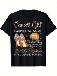 Women's T-Shirt, Men's T-Shirt With The Cancer Zodiac Sign, With A Cancer Girl Slogan And Astrological Symbol - Gold Text With Pink Lips/High Heels Design, Casual Crew Neck T-Shirt, Suitable For Cancer Birthdays And Astrology Enthusiasts (June-July) - Fun Cancer-Themed Garment - 白色 - 查看 2