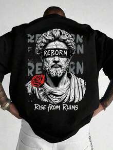 Men's Short Sleeve Crew Neck T-Shirt With Large Statue, Floral, And English Print | Exquisite Design | Summer Essential | Easy To Match - 灰色 - 查看 2