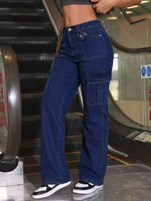 Jeans rectos con bolsillos múltiples efecto levantador de glúteos - Azul profundo - Ver 2
