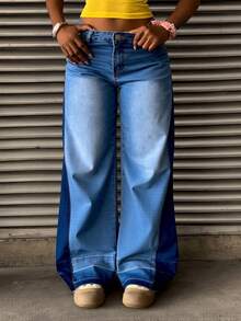 Jeans rectos con costura de color combinado efecto levantador de glúteos anchos - Azul - Ver 1