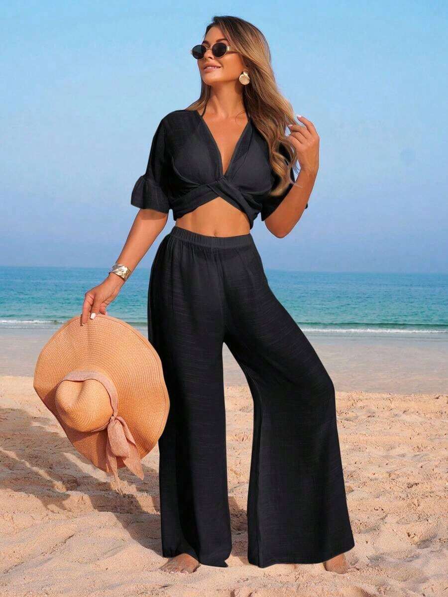 Conjunto de vacaciones de verano para mujer con top corto de manga corta con volantes y escote en V sin espalda, pantalón de pierna ancha y cubrecuerpo - Negro - Ver 1