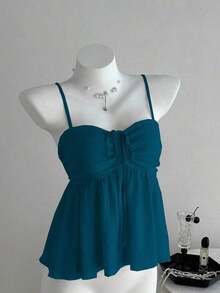 Camiseta de tirantes con volantes de unicolor lindo para damas, ropa de verano para la universidad - Agua verde azul - Ver 4