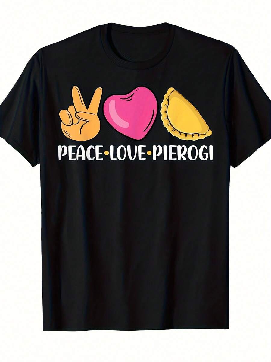 Paz, Amor y Pierogi - Polska, Regalos para Amantes de los Pierogi Polacos, Camiseta. Mismo estilo para hombres y mujeres. Camiseta estampada de manga corta para el verano 2025, 100% algodón, 220G, ropa casual, camiseta de uso diario, estilo vintage, camiseta con estampado, material transpirable, tela ligera. - Negro - Ver 1