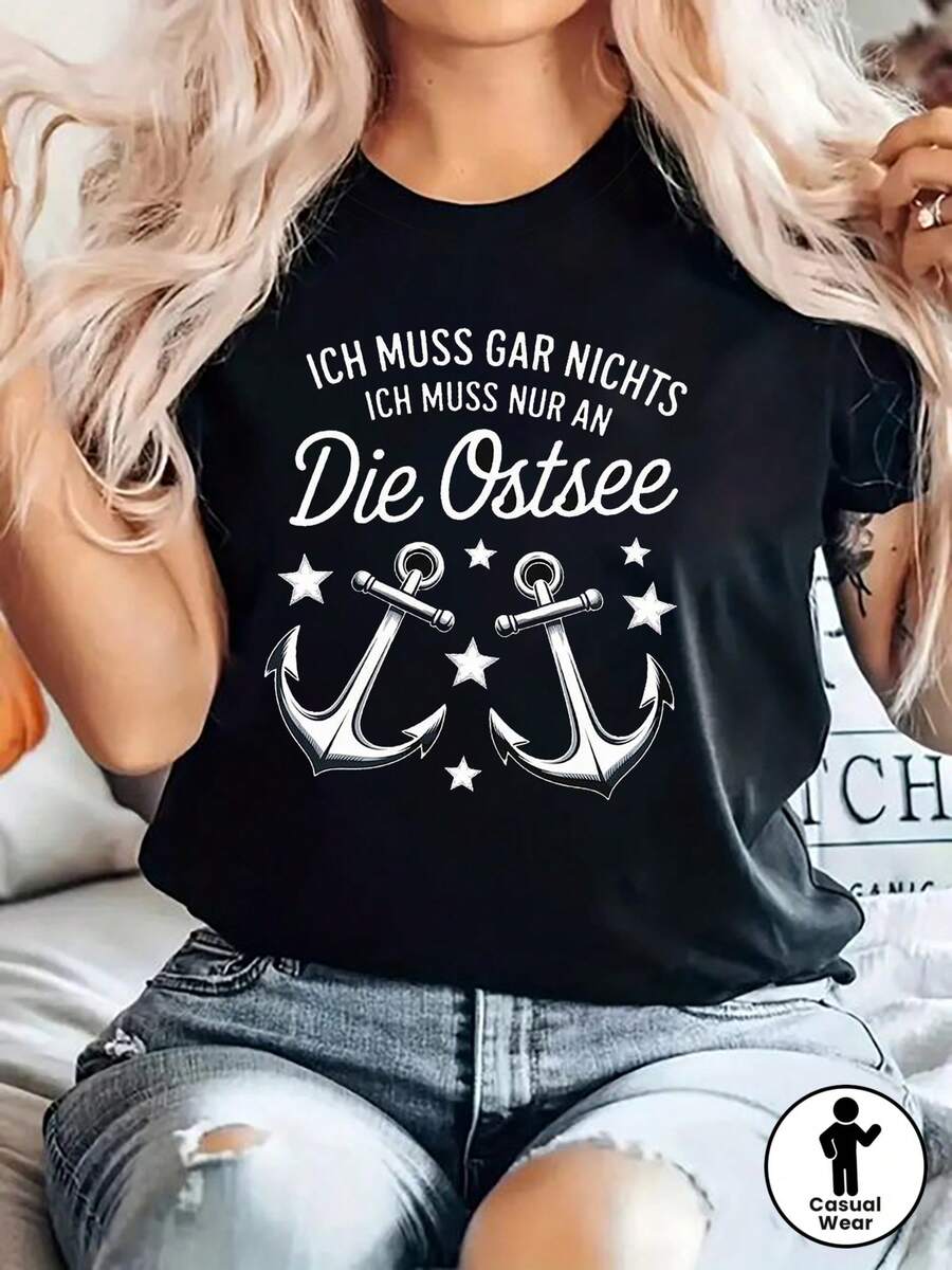 Plus Size, I Must Spend The Nights Alone, I Must Die. Ostsee Women's Plus Size Graphic Print T-Shirt, Short Sleeve Crew Neck Casual Top For Summer And Spring, Women's Clothing - 黑色 - 查看 1