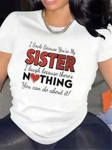 Camisetas de mujer con estampado de hermandad de hermanas, transpirables, de manga corta, cuello redondo, estilo casual, en negro y blanco, para atuendos combinados, cómodas para todas las estaciones, camisetas de verano. - Blanco - Ver 1