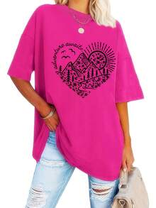 Camiseta de manga corta con estampado floral de corazones y cuello redondo, talla grande, para el verano. - Blanco - Ver 6