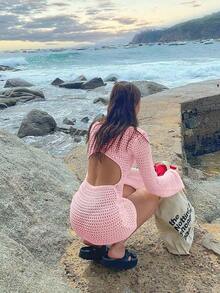 Vestido corto de playa de manga larga, transparente y con espalda descubierta, de unicolor y sexy para mujer, ideal para vacaciones de primavera/verano - Rosa Pálido 2 - Ver 4