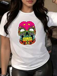 Women's T-Shirt With Mexican Skull Day Of The Dead Style, Colorful Motifs, Ideal For Parties, Halloween, Birthdays And Gifts - 白色 - 查看 1
