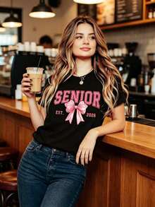 1 pieza de camiseta rosa para graduados de la clase de 2026, regalo para graduados, 100% algodón, camisetas para mujer, ropa superior, adecuada para todas las estaciones, 180g, 100% algodón suave. - Negro - Ver 2
