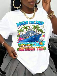 Camiseta de cuello redondo para mujer con estampado de palmeras, delfines y gaviotas, diseño gráfico de crucero temático de festival, estilo casual y a la moda, suave y cómoda, perfecta para vacaciones, celebraciones, fiestas, o como regalo. Transpirable y cómoda. - Blanco - Ver 7