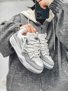 Y2K Chunky Sneakers Men's Retro Gray Black Colorblock Platform Skate Shoes Casual Breathable Mesh Dad Shoes - 白灰 - 查看 2