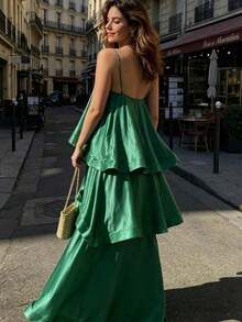 Elegant Women's Dress For Spring/Summer Holidays: Casual Satin Maxi Dress With Straps, Multi-Layered. - 粉色 - 查看 3