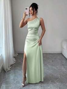 Vestido de noche largo y sexy para mujer con un hombro, cintura fruncida y abertura alta, de satén de lujo, nuevo para el verano de 2026 - verde menta - Ver 5