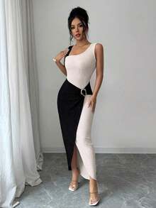 Elenzya Vestido de verano nuevo a rayas sin mangas para mujer, vestido a rayas con hebilla metálica asimétrica en el lateral, estilo europeo y americano ajustado y estilizante con hebilla asimétrica lateral y largo - Albaricoque 2 - Ver 9