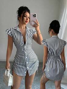 Vestido camisa elegante de vacaciones con mangas acampanadas, cintura fruncida y rayas azules - Negro - Ver 8