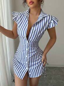 Vestido camisa elegante de vacaciones con mangas acampanadas, cintura fruncida y rayas azules - Azul y blanco - Ver 7