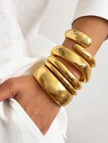 NAIZHU 1/5pcs Fashionable European And American Exaggerated Wide Geometric Smooth Asymmetric Bangle Bracelet For Women, Suitable For Daily, Date, Party - Gold - View 1