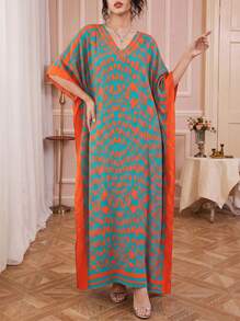 Solessence Đầm maxi Kaftan in họa tiết dành cho nữ, cổ chữ V, tay cánh dơi, phong cách Boho, thích hợp mặc đi biển, dáng rộng, mặc nhà, đầm Kaftan dài quá khổ cho tiệc tối mùa xuân. - màu xanh lá - Xem 1