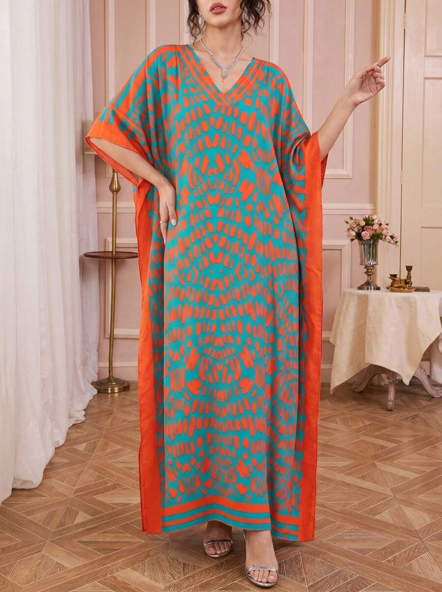 Solessence Đầm maxi Kaftan in họa tiết dành cho nữ, cổ chữ V, tay cánh dơi, phong cách Boho, thích hợp mặc đi biển, dáng rộng, mặc nhà, đầm Kaftan dài quá khổ cho tiệc tối mùa xuân. - màu xanh lá - Xem 1