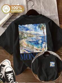 Double-Sided Printed Summer Casual Women's Top, Watercolor Style, Hunting And Palms, MONACO Print Crew Neck Short Sleeve T-Shirt, Ling K Summer Tops - Black - View 7
