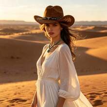 Women Men Embroidery Cowgirl Hat Wide Brim Cattle Head Belted Wool Hat Felt Jazz Cap For Party With Cap Support To Prevent Deformation - 卡其色 - 查看 6