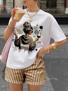 2 piezas Conjunto casual de mujer con camiseta con estampado de leopardo y lazo decorativo + shorts a rayas - Café integral 2 - Ver 3