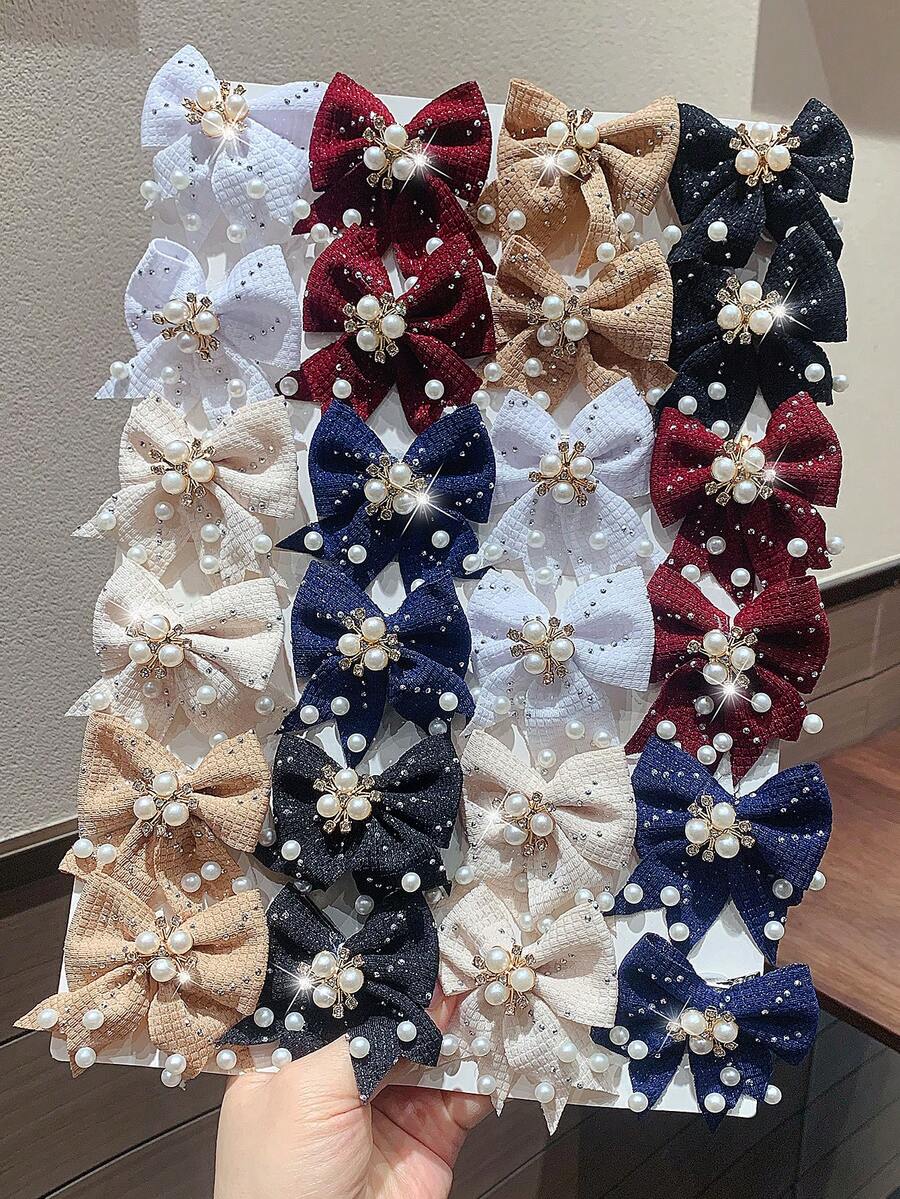 6pcs Retro Solid Color Rhinestone Textured Bow Pearl Crystal Barrettes, Elegant Girl Princess Hair Accessories For Daily Wear And Party - Multicolor - View 1