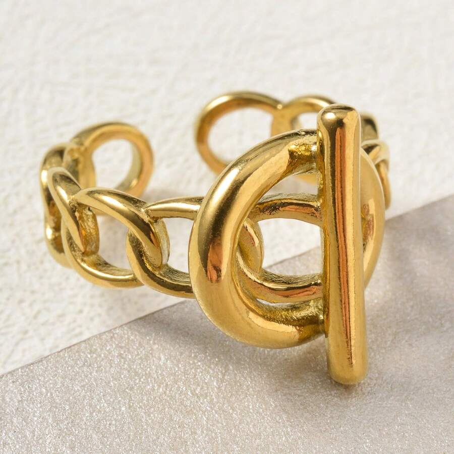 18K Gold Plated Stainless Steel Adjustable OT Clasp Ring, Vintage Jewelry For Women To Wear Daily Or Party - Gold 2 - View 1