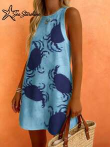 Women's Elegant Sexy Sleeveless Yellow Random Crab Print Dress, Suitable For Spring And Autumn Party Summer - Blue - View 4