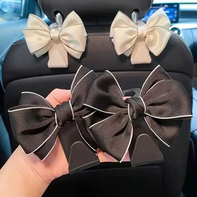 2 Pcs Elegant Bow Car Seat Back Hooks - White Multi-Functional Headrest Hooks For Vehicle Storage And Organization, Stylish Car Interior Accessories, Car Seat Accessories