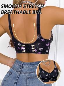 Women's Casual Wireless Butterfly Print Bra, Comfortable Breathable Support Anti-Sagging, Removable Lining - Black - View 2