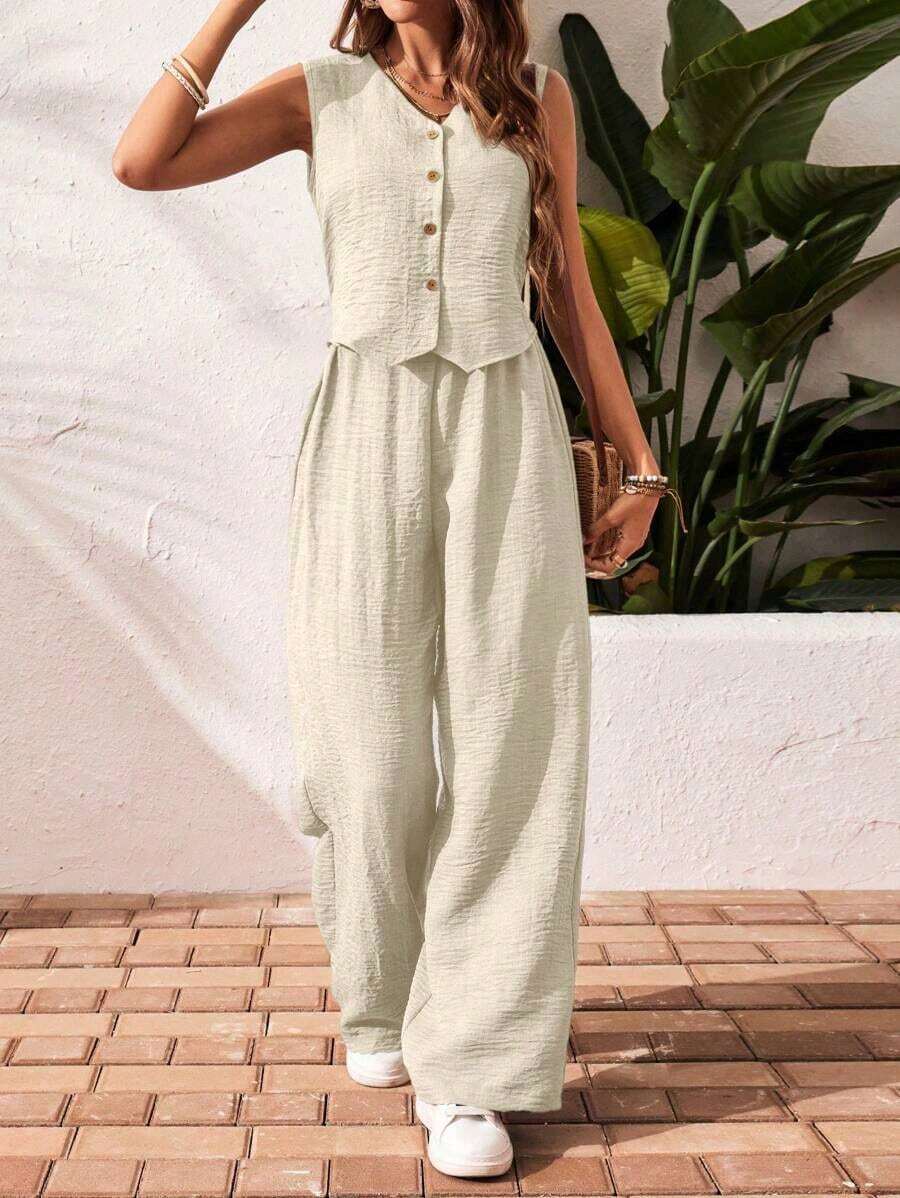 Frenchy Set de 2 piezas para mujer de top sin mangas y pantalones de estilo casual con un solo botón, para verano - Beis - Ver 1