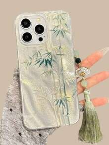 苹果可爱竹纤维羽毛纱线绿色手机链手机壳，适用于 16/15/14/13/12 Pro Max/11，奢华防震软壳，防水、防摔、防刮擦 - 羽紗竹子 - 查看 1