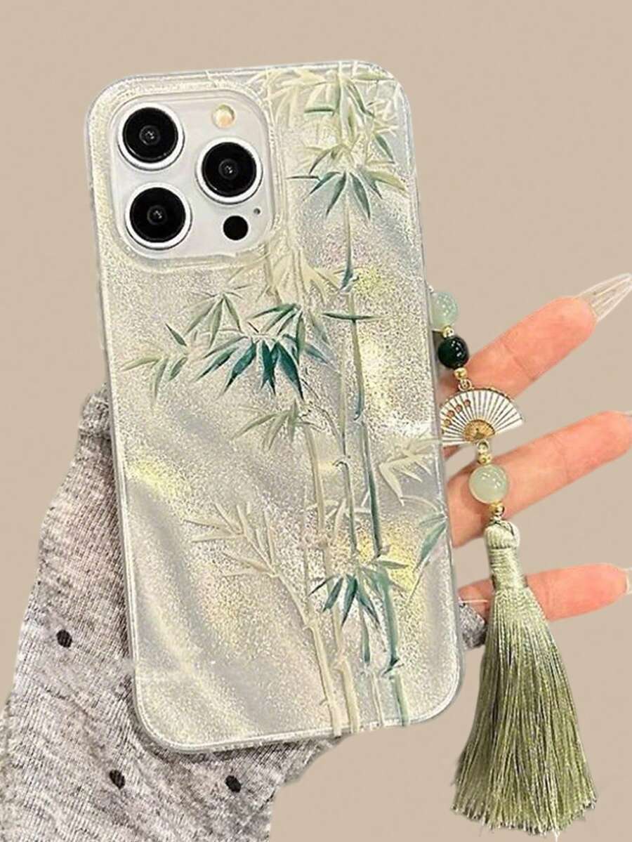苹果可爱竹纤维羽毛纱线绿色手机链手机壳，适用于 16/15/14/13/12 Pro Max/11，奢华防震软壳，防水、防摔、防刮擦 - 羽紗竹子 - 查看 1
