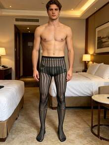 Men's Sexy Fishnet Tights, Hollow See-Through Elastic Knit Socks - Black - View 7