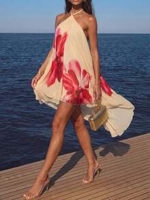 Elegant Backless Camisole Dress - Cream Fabric With Bold Red Floral Pattern, Perfect For Romantic Dates And Summer Gatherings - Orange - View 1