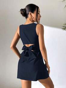 Vestido sin mangas tejido con espalda descubierta para mujer en color marrón - Azul marino - Ver 5