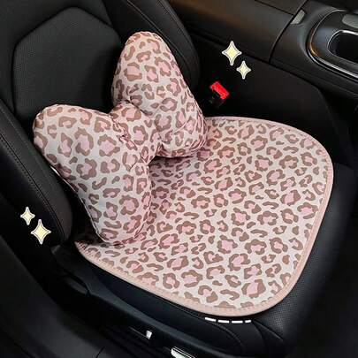 1pc Linen Leopard Print Car Seat Cushion, Summer Breathable Cool Pink Seat Pad For Women, Leopard Print Car Neck Pillow & Lumbar Support, Comfortable Soft Car Seat Cushion