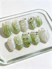 10片杏仁形手工美甲贴片，优雅清爽的白色珍珠美甲贴，花朵项链图案，绿色扎染亮面亚克力美甲贴片，时尚百搭，适合约会、派对、春夏秋冬等各种场合，包含果冻胶和指甲锉，易于佩戴且持久耐用，果冻胶颜色随机。 - 彩色 - 查看 1
