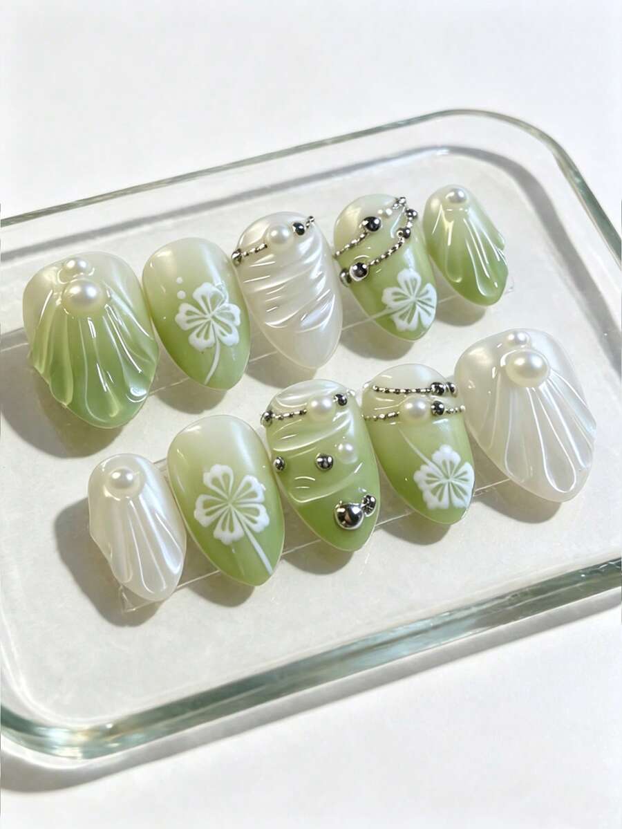 10片杏仁形手工美甲贴片,优雅清爽的白色珍珠美甲贴,花朵项链图案,绿色扎染亮面亚克力美甲贴片,时尚百搭,适合约会、派对、春夏秋冬等各种场合,包含果冻胶和指甲锉,易于佩戴且持久耐用,果冻胶颜色随机。 - 彩色 - 查看 1