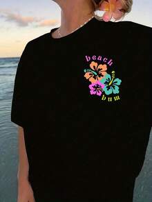 Top Casual de Manga Corta con Cuello Redondo y Hombros Descubiertos con Estampado Floral para Mujer - Moda de Primavera y Verano - Negro - Ver 2