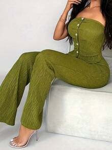 2026 Verano Conjunto 2 Piezas Mujer, Top Tubo Elástico con Decoración de Botones y Pantalones Pierna Acampanada - verde oscuro - Ver 1