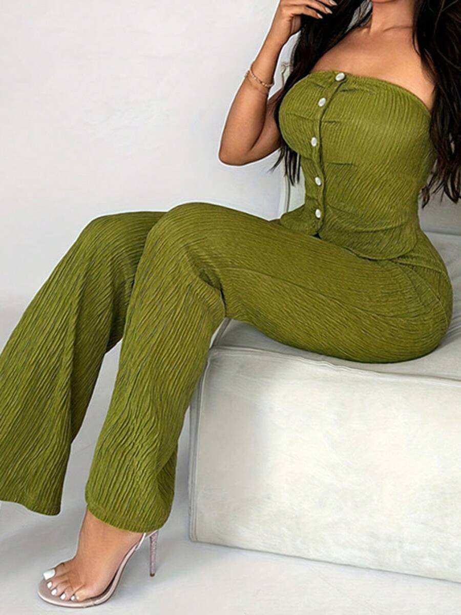 2026 Verano Conjunto 2 Piezas Mujer, Top Tubo Elástico con Decoración de Botones y Pantalones Pierna Acampanada - verde oscuro - Ver 1