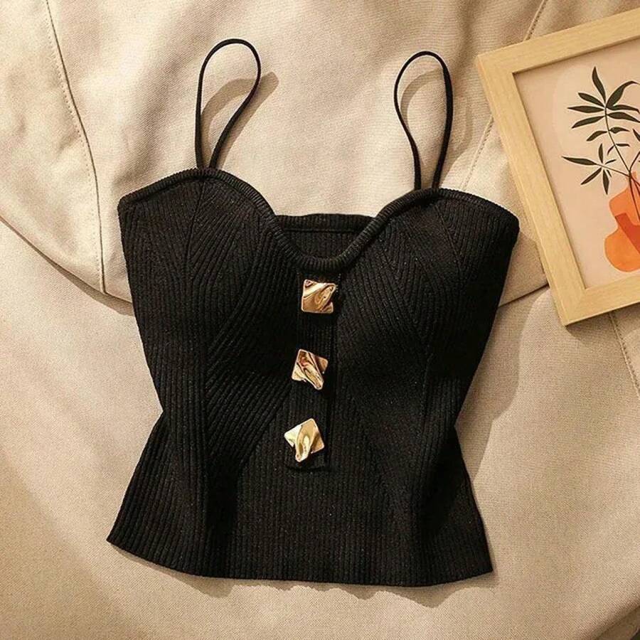 Camisola de belleza Sexy de estilo francés con tirantes cruzados para mujer, camiseta sin mangas ajustada, camisetas sin mangas cortas con almohadilla para el pecho, verano - Negro - Ver 1