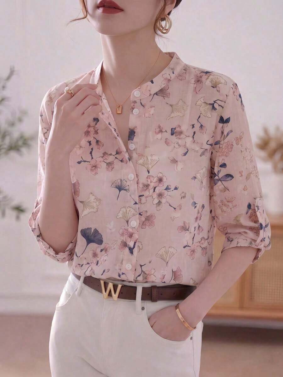 Blusa de mujer de manga 3/4 con cuello alto, estampado floral acuarela azul grisáceo| Blusa de ajuste ceñido, transpirable, de manga acampanada, para oficina/vacaciones, primavera/verano - Rosa - Ver 1