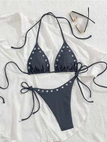 Women's New European And American Style Bikini Set Vacation Beach - Haze Gray - View 3