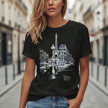 Women's Cotton T-Shirt With Paris Eiffel Tower Print, Casual Short-Sleeved Round Neck T-Shirt, Loose Fit, Basic Top, Sizes S-5XL,  Summer Vacation Graphic T-Shirt, Vintage Cityscape Design In White, Soft And Breathable Cotton Blouse, Suitable For Spring, Summer And Autumn. - 黑色 - 查看 1
