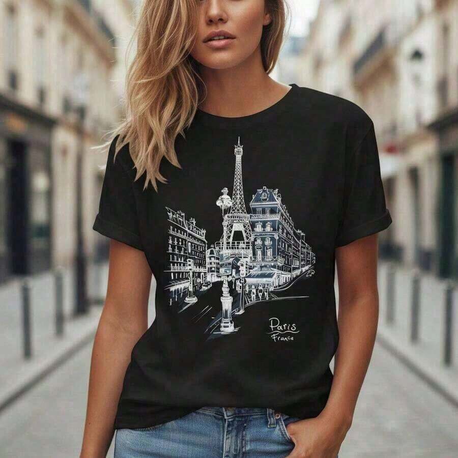 Women's Cotton T-Shirt With Paris Eiffel Tower Print, Casual Short-Sleeved Round Neck T-Shirt, Loose Fit, Basic Top, Sizes S-5XL,  Summer Vacation Graphic T-Shirt, Vintage Cityscape Design In White, Soft And Breathable Cotton Blouse, Suitable For Spring, Summer And Autumn. - 黑色 - 查看 1